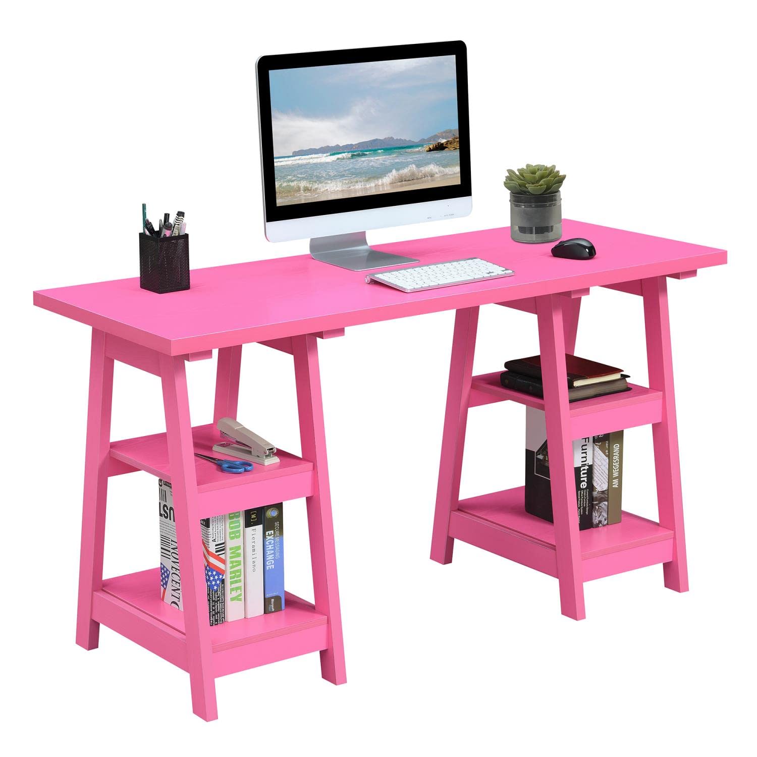 Convenience Concepts Designs2Go Double Trestle Desk with Shelves - Pink Writing Desk with Storage for Home Office, Study Room & Small Spaces - Perfect for Remote Work, Online Classes & Crafting
