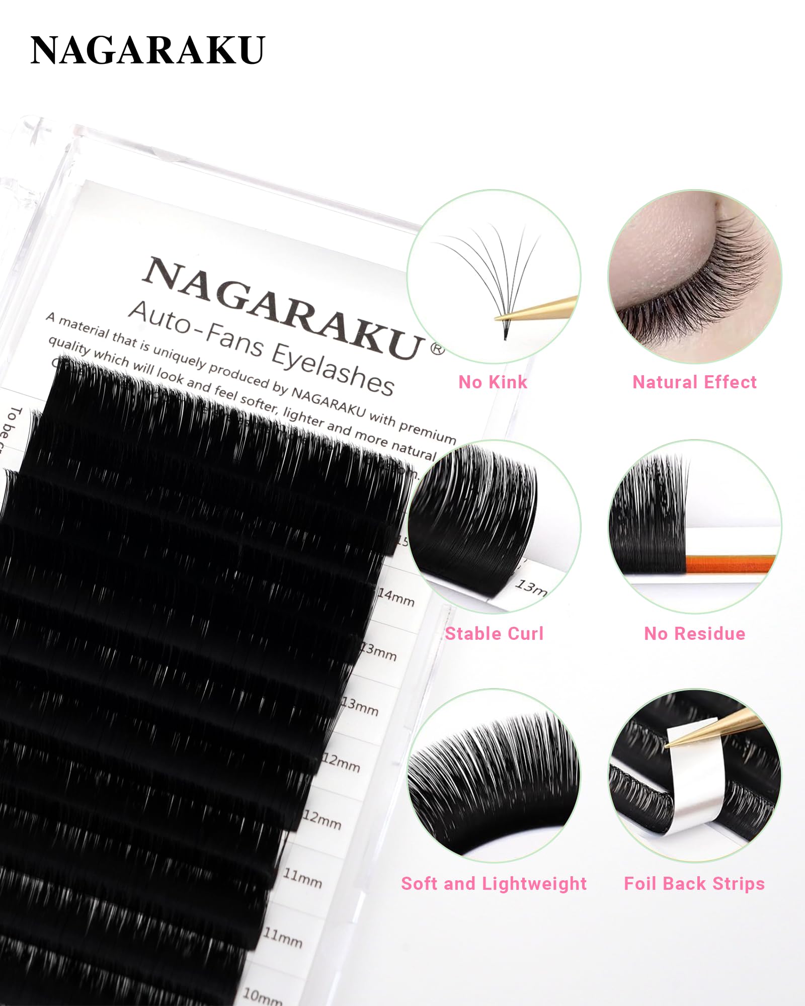 NAGARAKU Easy Fan Eyelash Extensions - 0.07 C Curl Volume Lashes 8-15mm, Rapid Blooming Faux Mink Cluster Lashes for Beginners - Soft Professional Lash Supplies for Salon, Bridal & Party Makeup
