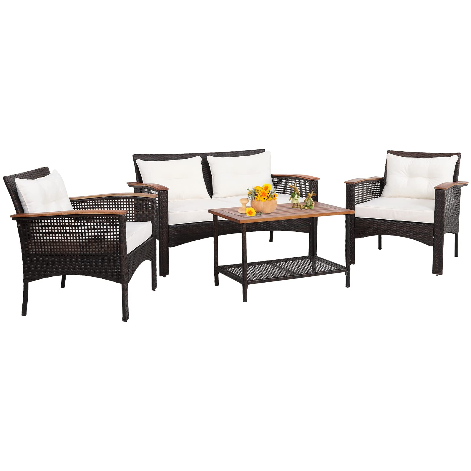 **HAPPYGRILL 4-Piece Outdoor Patio Furniture Set - Acacia Wood Sectional Sofa with Cushions & Coffee Table, PE Wicker Conversation Set for Garden, Poolside, Backyard & Outdoor Relaxation**