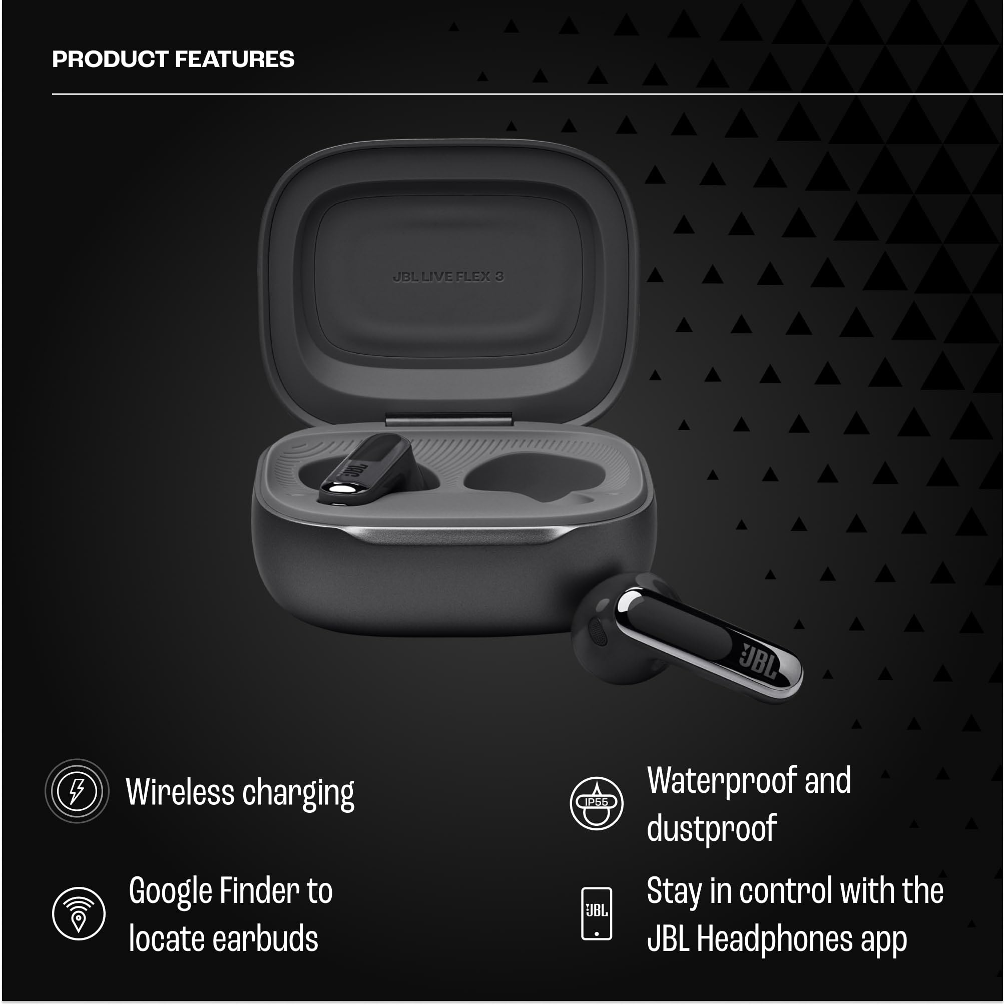 JBL Live Flex 3 Wireless Bluetooth Earbuds - 50H Battery, True Adaptive Noise Cancelling, Hi-Res Audio, IP54 Waterproof, Open-Back Stick Design (Black) | Perfect for Gym, Commuting & Travel