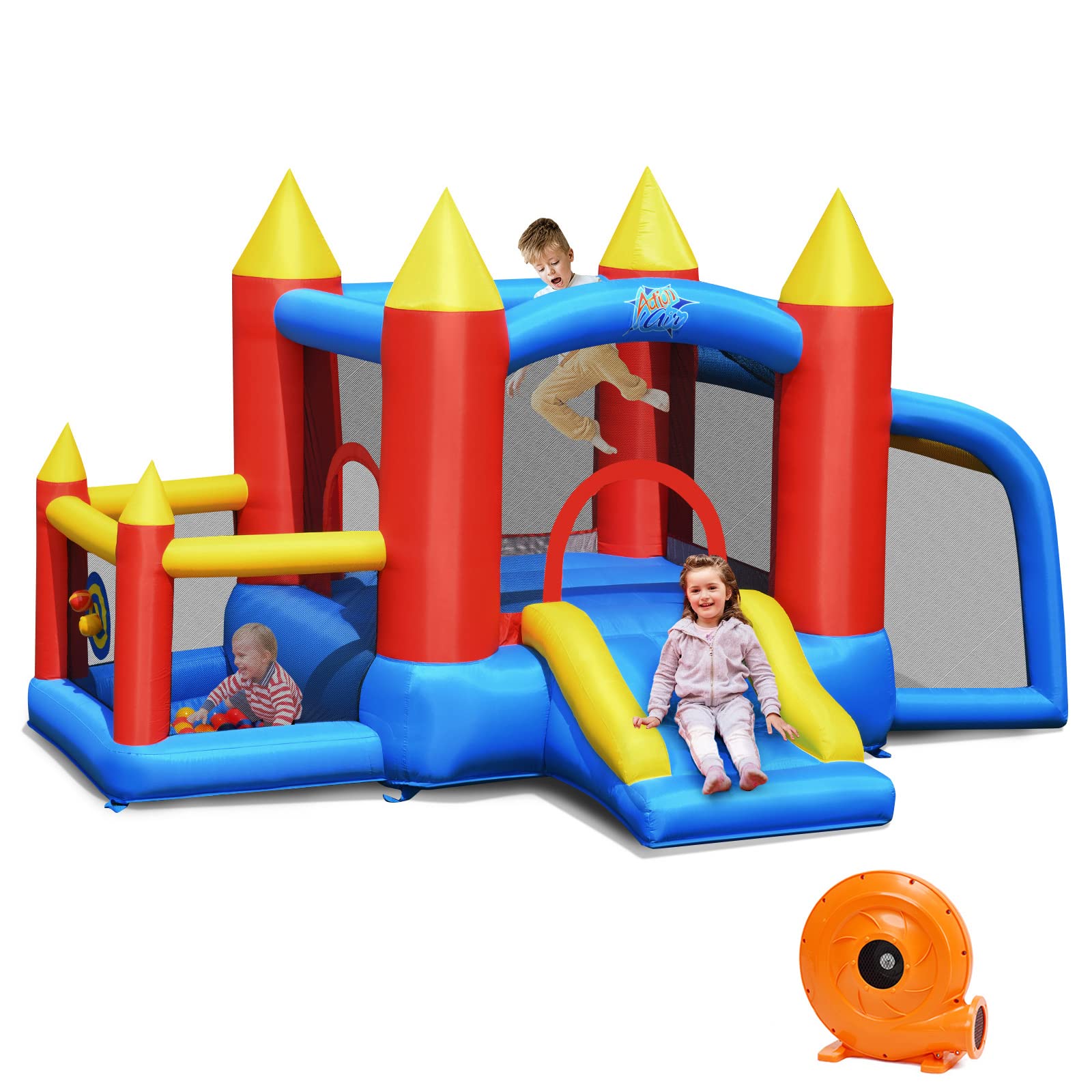 **HONEY JOY 6-in-1 Inflatable Bounce House with Blower – Kids Bouncy Castle for Ages 5-12, Indoor & Outdoor Play with Soccer Goal & Ocean Balls – Perfect for Backyard Parties, Birthdays & Summer Fun (Includes 740W Blower)**