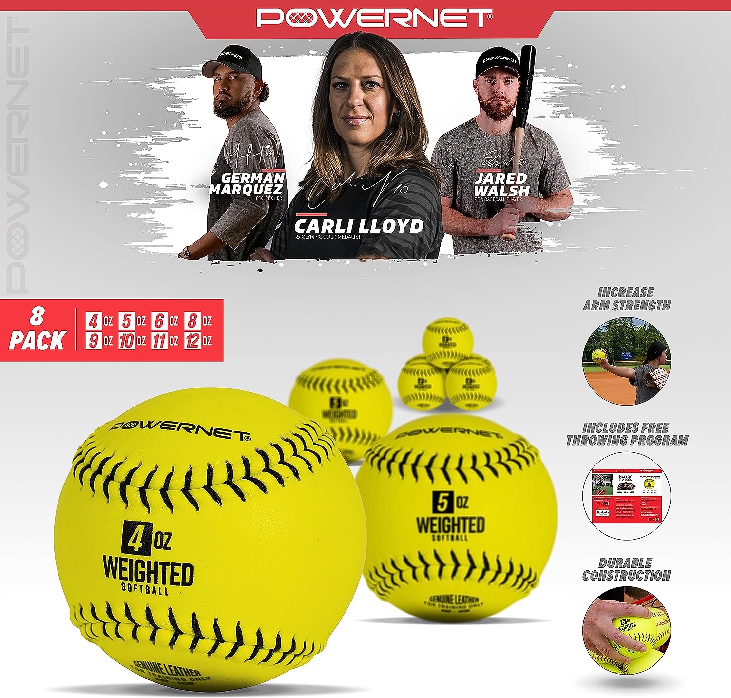 Weighted Softballs for Baseball Training - 8 Pack with 4oz to 12oz Weights - Improve Pitching & Hitting Skills - Perfect for Youth & Adult Baseball Practice, Strength Training & Rehabilitation Exercises