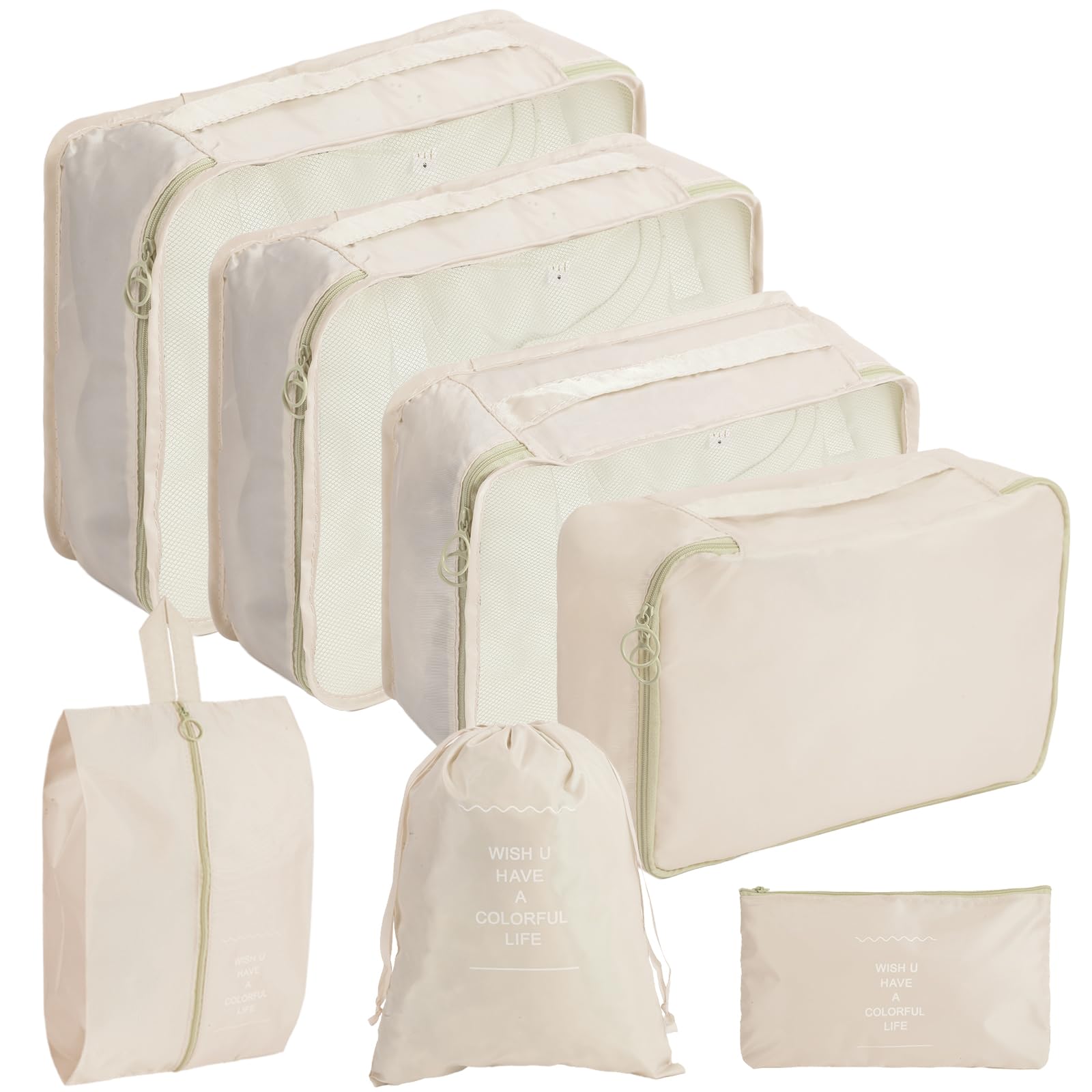 7-Piece Waterproof Packing Cubes Set for Suitcases - Travel Luggage Organizers for Clothes & Shoes Storage (Beige) | Perfect for Business Trips, Vacations & Weekend Getaways