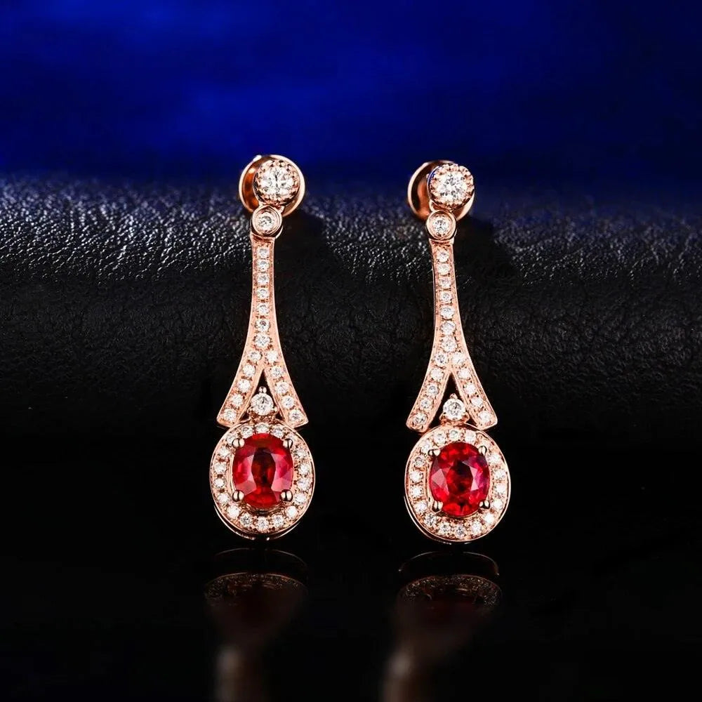 18KT Rose Gold 1.18ct Natural Red Ruby & 0.44ct Diamond Stud Earrings - Elegant Engagement Jewelry for Women, Perfect for Weddings, Anniversaries & Special Occasions
