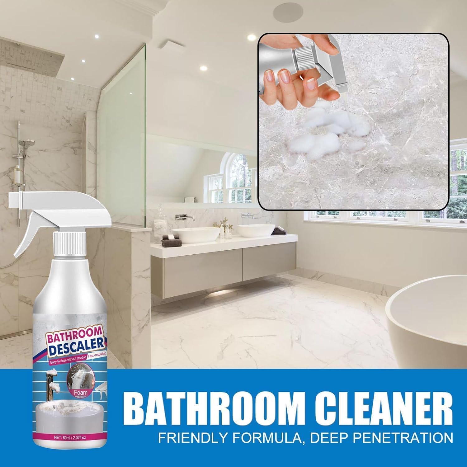 LifeSunny Bathroom Descaler Foam Cleaner - Powerful Stain Remover for Shower, Sink & Toilet - Eliminates Hard Water Stains & Soap Scum - Ideal for Bathroom Cleaning & Maintenance (2-Pack)