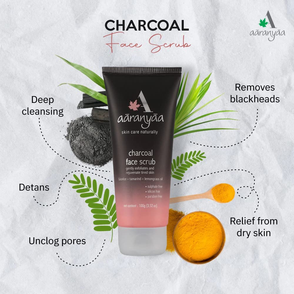 **Aaranyaa Activated Charcoal & Tamarind Face Scrub (100g) – Exfoliating Scrub for Tan Removal, Blackheads, Whiteheads & Dead Skin – Detoxifying Charcoal & Eucalyptus Scrub for Men & Women – Perfect for Daily Skincare & Acne-Prone Skin**