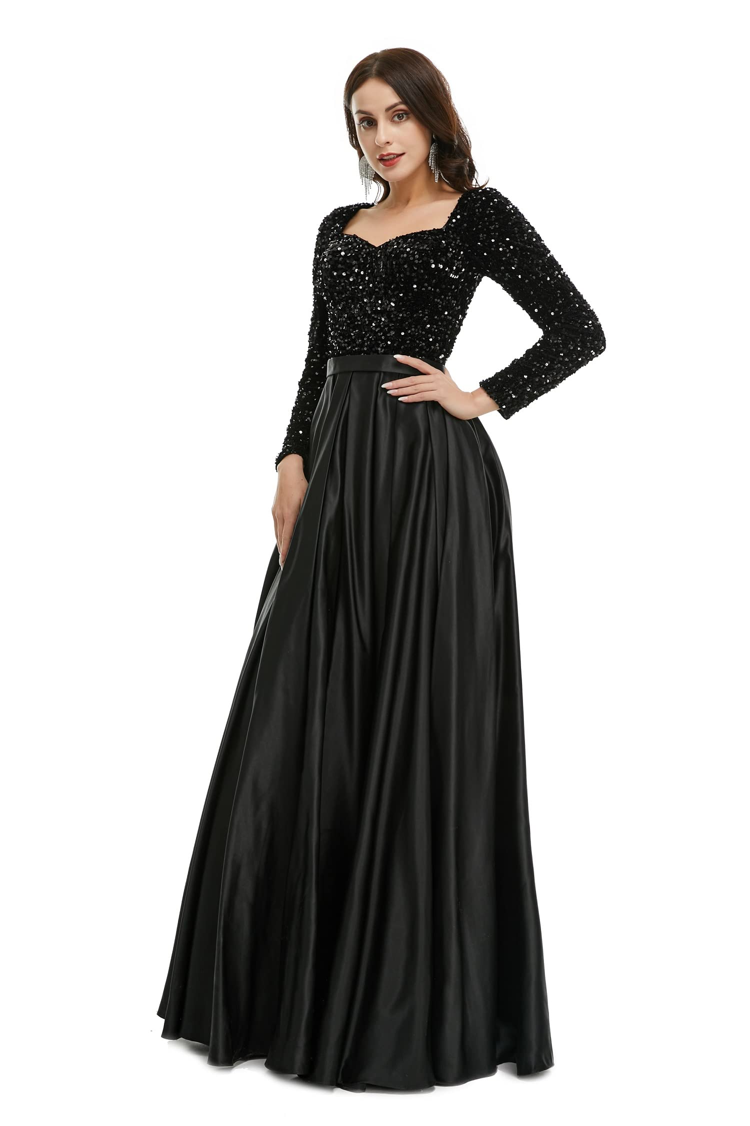 Elegant Long Sleeve A-Line Evening Dress with Sequins - Wedding Bride & Bridesmaid Gown, Prom & Formal Gown for Special Occasions