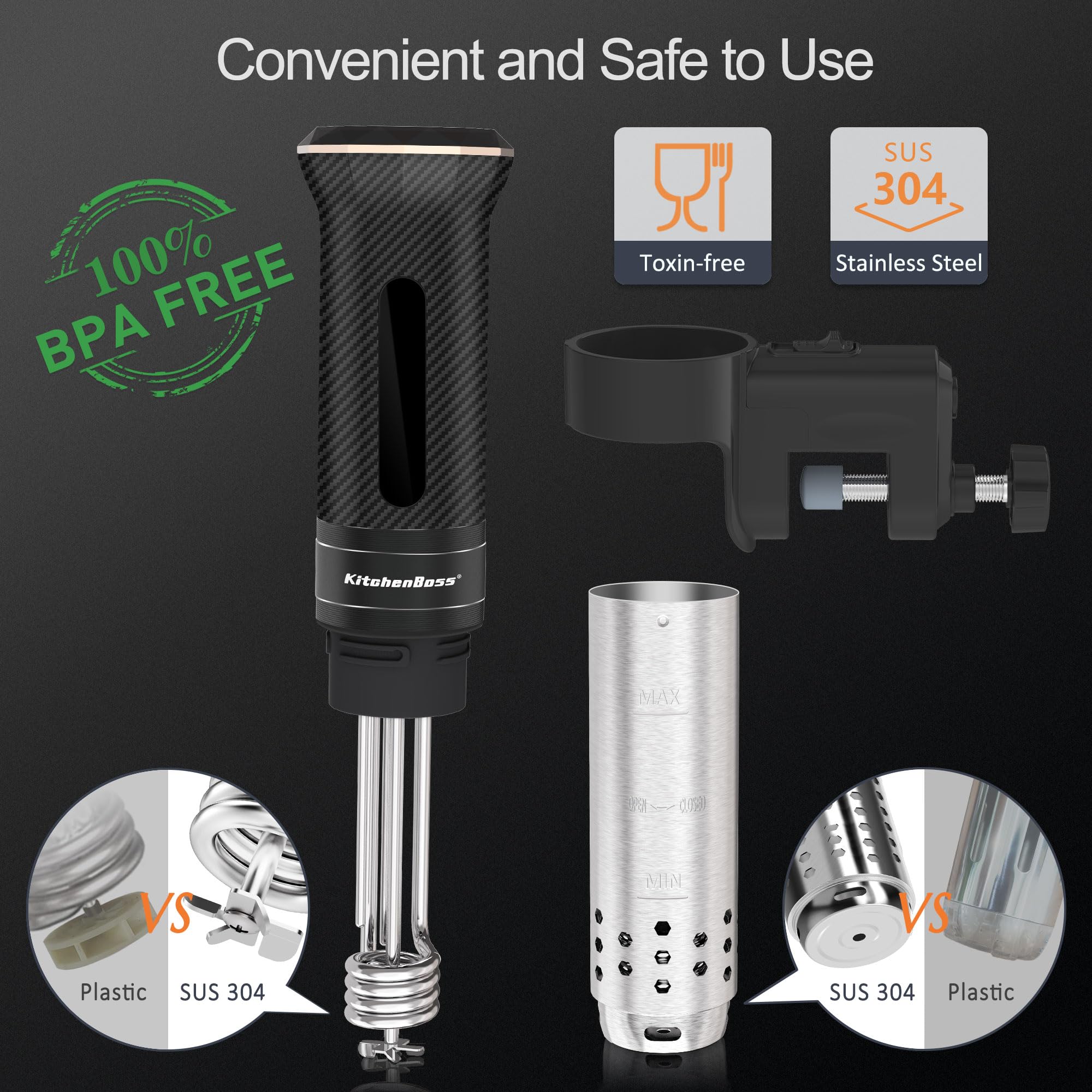 KitchenBoss Sous Vide Precision Cooker - Ultra Quiet 1100W Immersion Circulator with IPX7 Waterproof & Stainless Steel Design (120V) - Perfect for Home Chefs, Meal Prep & Restaurant-Quality Cooking