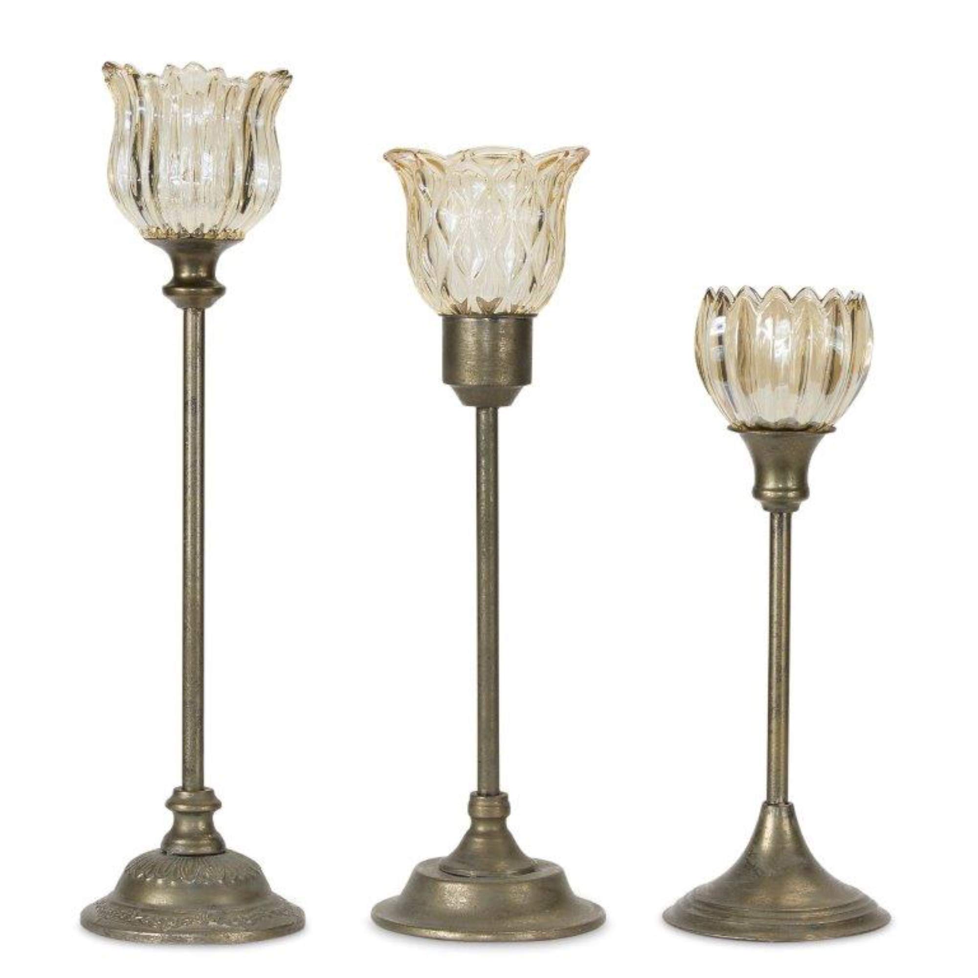 Set of 3 Clear & Gold Vintage Style Candle Holders - 24 Inch Tall Modern Home Decor for Dining Table, Wedding Centerpiece, and Fireplace Mantel