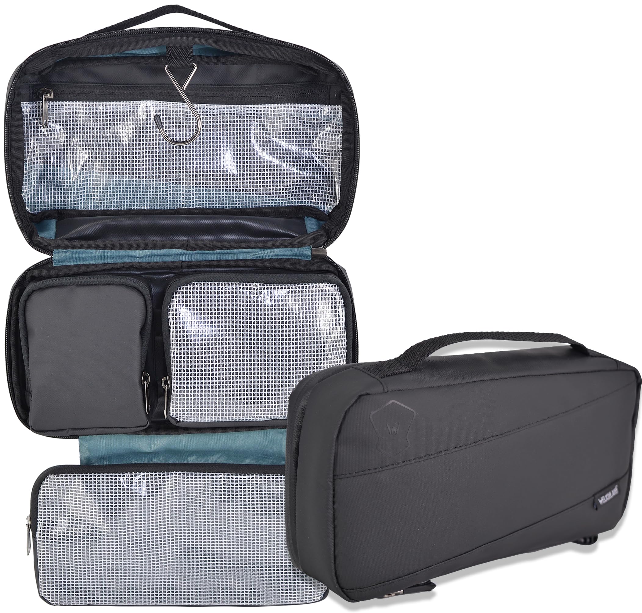 WELKINLAND 6-Pocket Hanging Toiletry Bag for Men - Waterproof Travel Shaving & Shower Organizer - Perfect for Gym, Camping, Business Trips & Overnight Stays (Black)