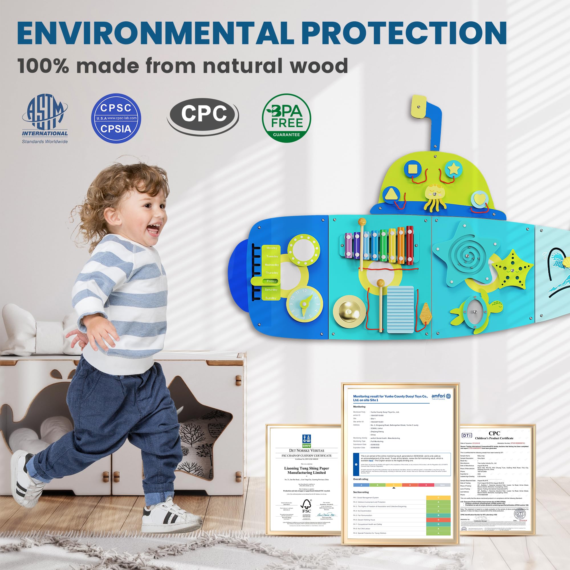 BlueWood Submarine Wall Busy Board Panels - Montessori Sensory Activity Center for Toddlers, Educational Learning Toys for Fine Motor Skills & Cognitive Development - Perfect for Home, Classroom & Daycare Playrooms