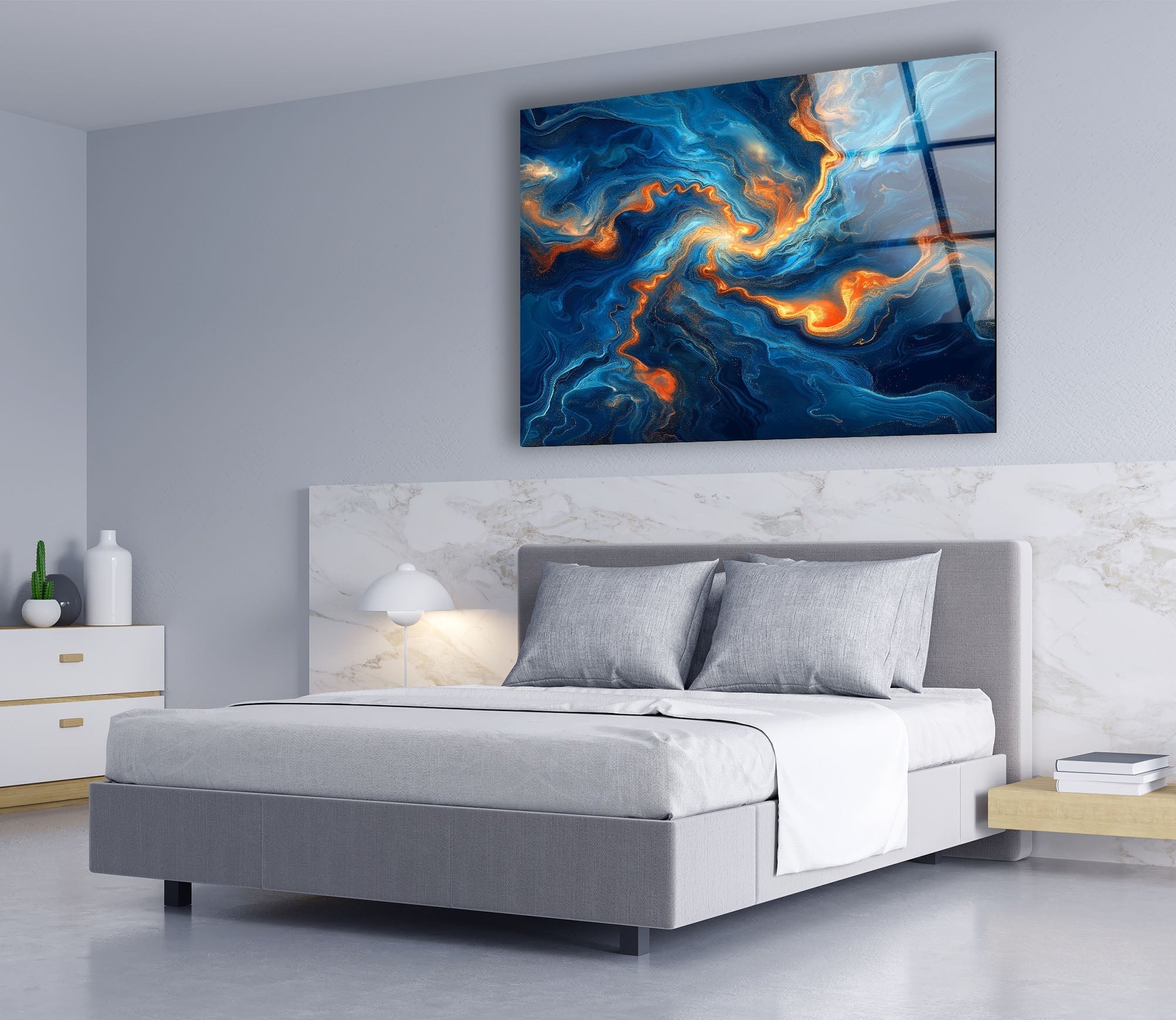 Abstract Swirling Blue and Orange Glass Wall Art - Handmade Modern Home Decor for Living Room, Bedroom & Office - Unique Contemporary Wall Sculpture