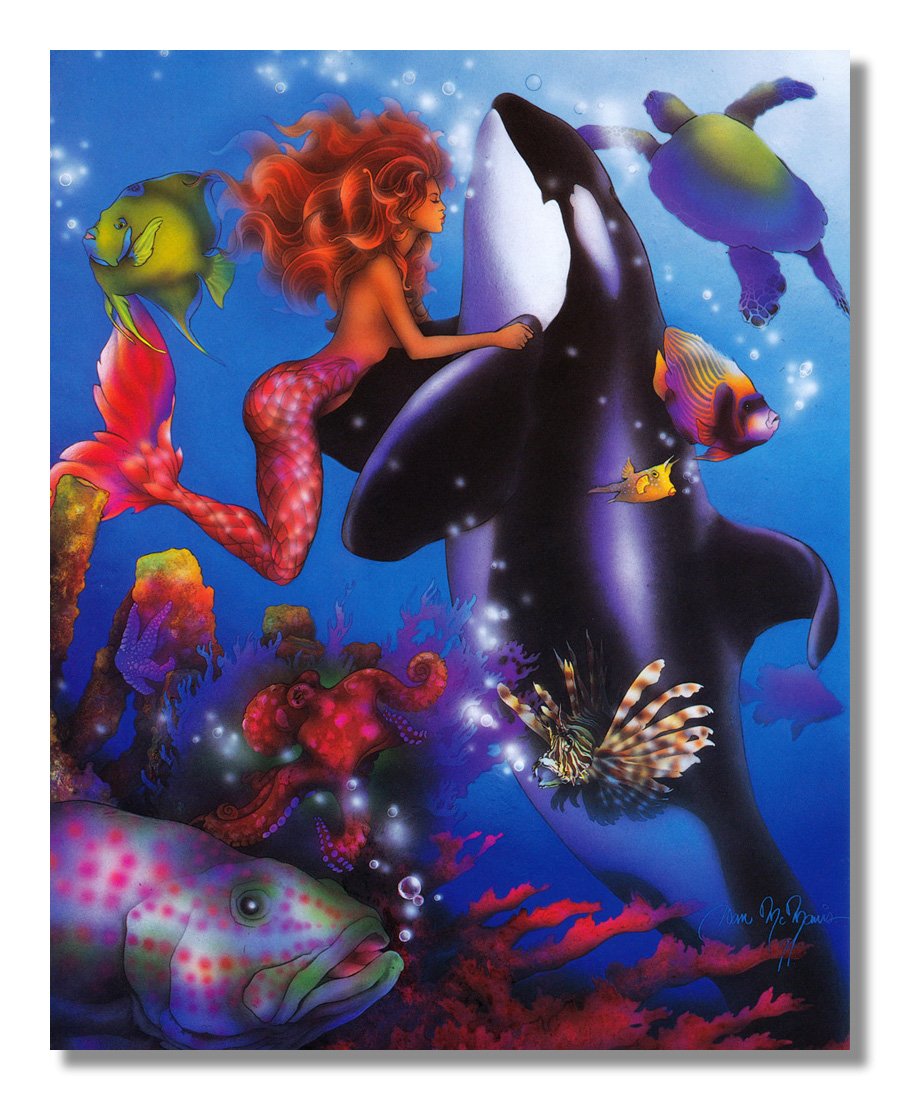 Mermaid Orca Whale Ocean Fish Sea Turtle Fantasy Wall Art Print - Matted & Framed Underwater Sea Life Decor for Living Room, Bedroom, or Office