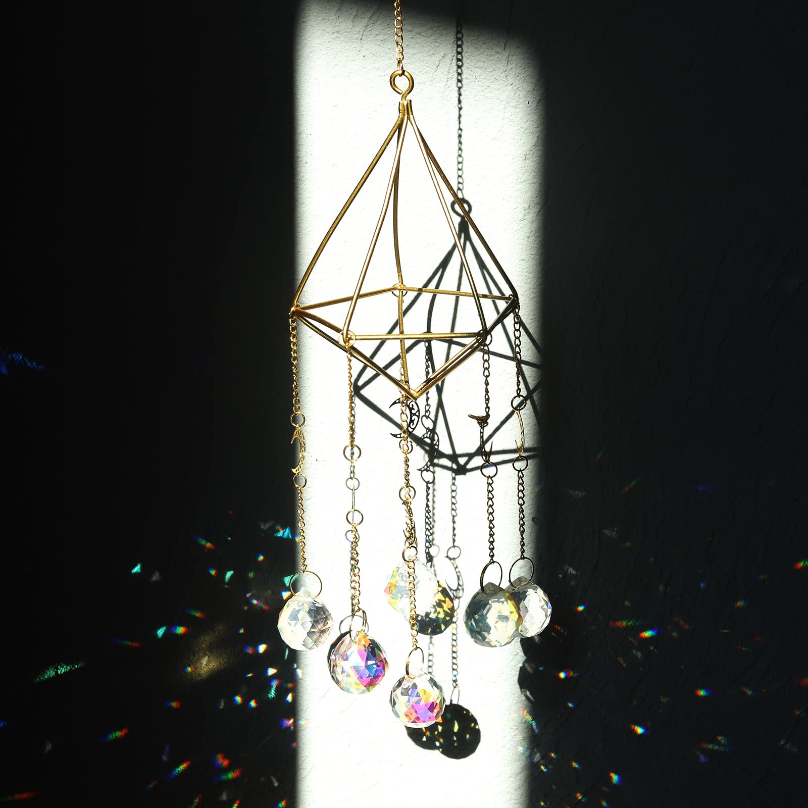 Gold Crystal Suncatcher - Rainbow Maker Window Decor with AB Coated Moon & Prism Balls | Light Catcher Hanging Ornament for Home, Garden, Wedding & Gift Giving