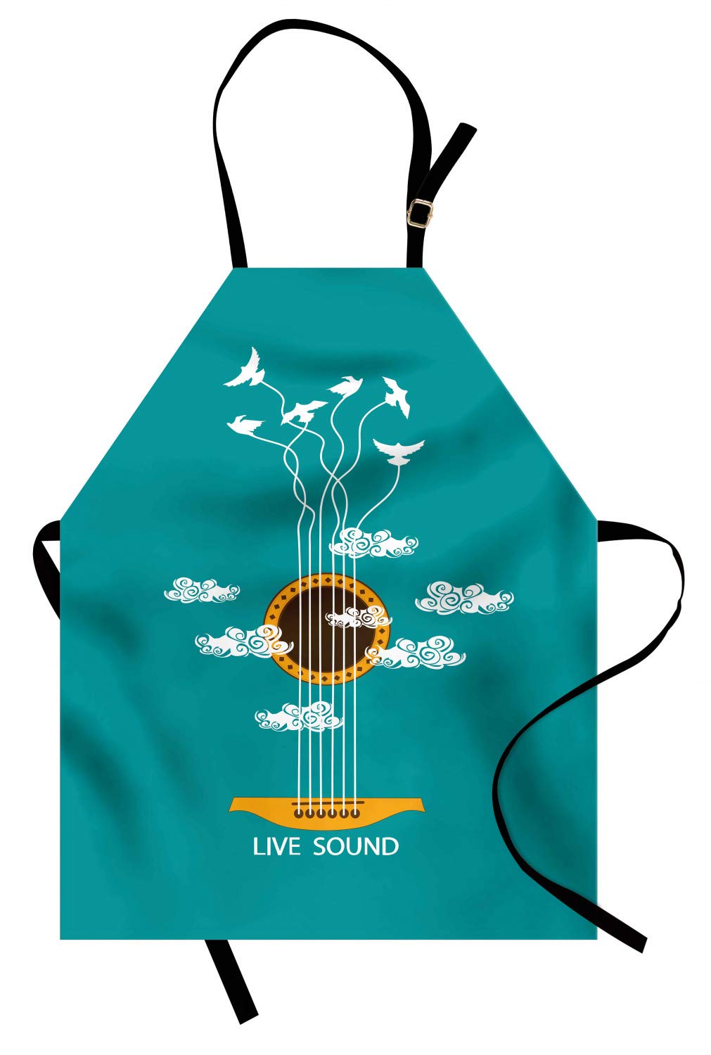 Ambesonne Guitar Apron - Abstract Music Design with Birds & Clouds - Adjustable Unisex Kitchen Bib for Cooking, Baking, Gardening - Turquoise Marigold White - Perfect for Musicians, Chefs & BBQ Enthusiasts