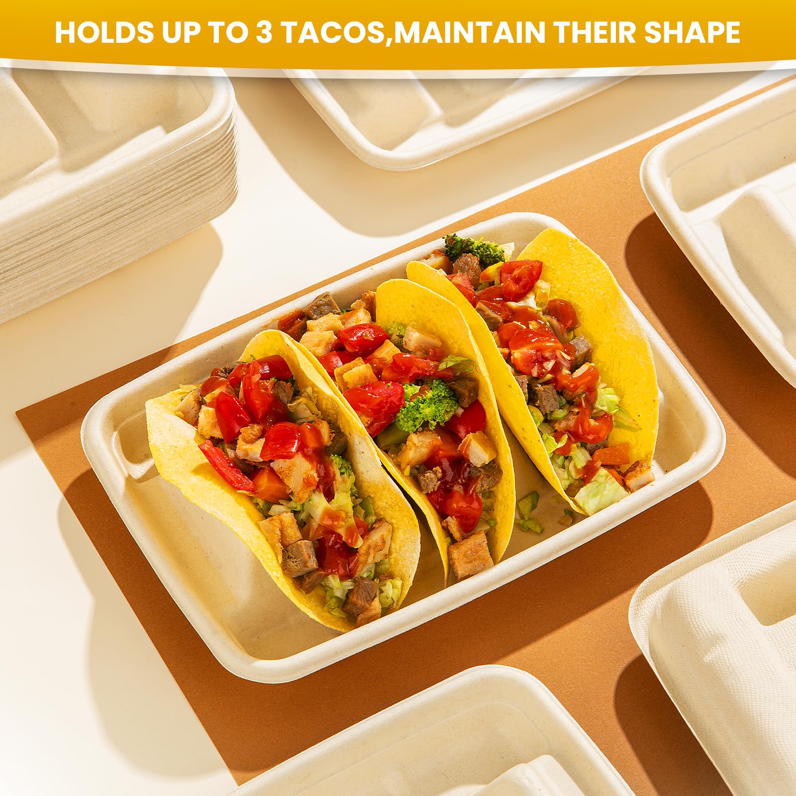 25-Pack Eco-Friendly Bagasse Fiber Taco Holders with 3 Dividers | Disposable Taco Stands for Parties, Taco Tuesday & Fiesta Serving | Perfect for Taco Bars, Buffets & Family Gatherings