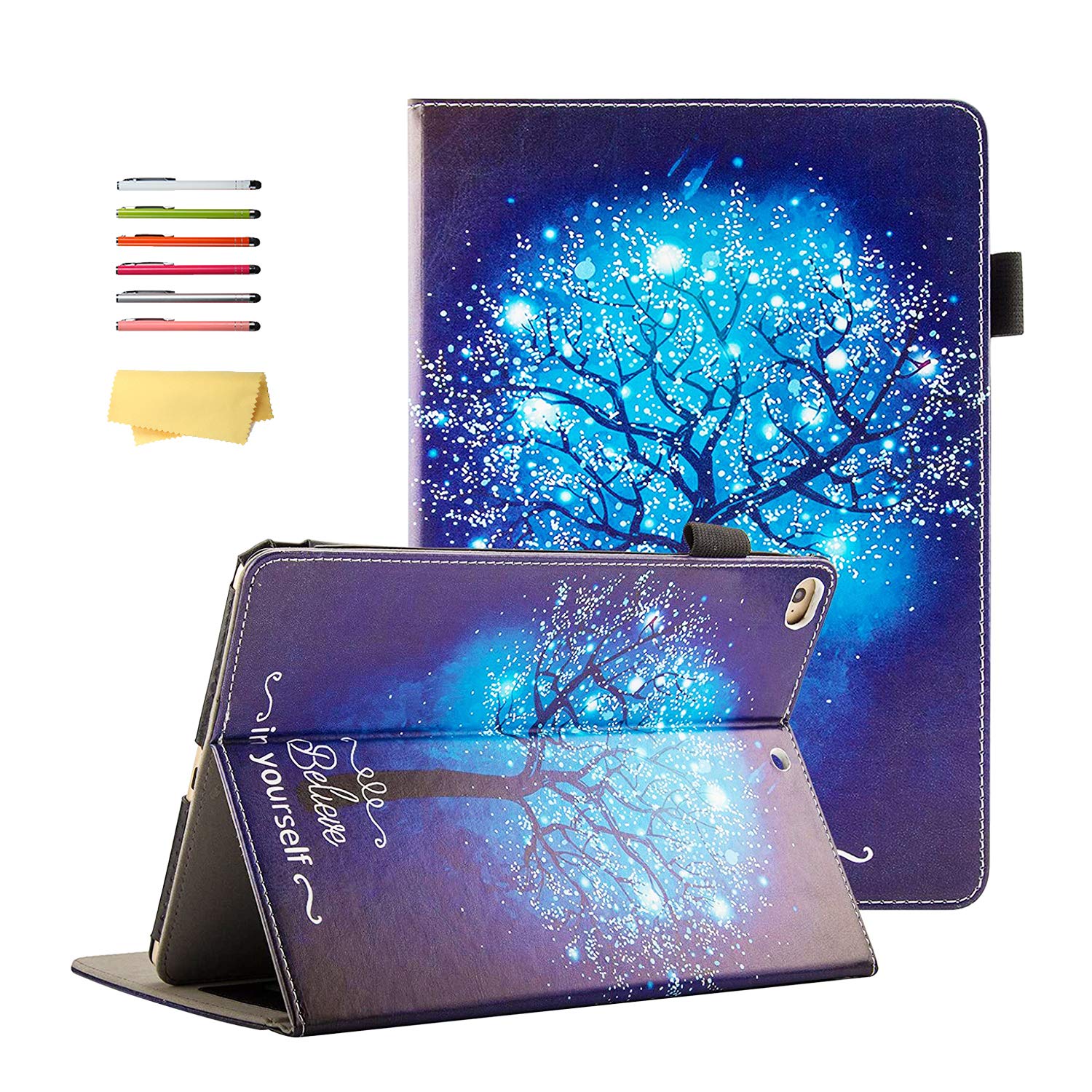 Premium PU Leather iPad Case with Pencil Holder - Compatible with iPad 9.7 inch (2018/2017), iPad 6th/5th Gen & iPad Air 1/2 | Auto Wake/Sleep Folio Stand Smart Cover | Perfect for Work, School & Travel - Shine Tree Design