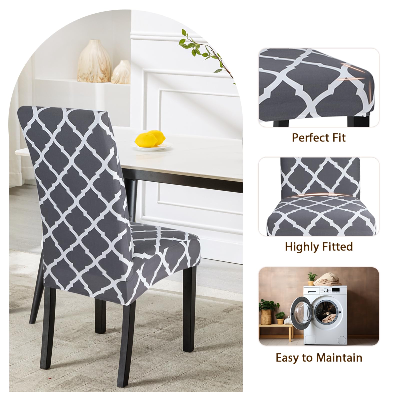 Stretch Geometric Parsons Chair Slipcovers Set of 2 - Washable Spandex Dining Chair Covers for Kitchen, Restaurant, Wedding & Home Decor (Gray + White) | Perfect for Dining Rooms, Hotels & Special Events