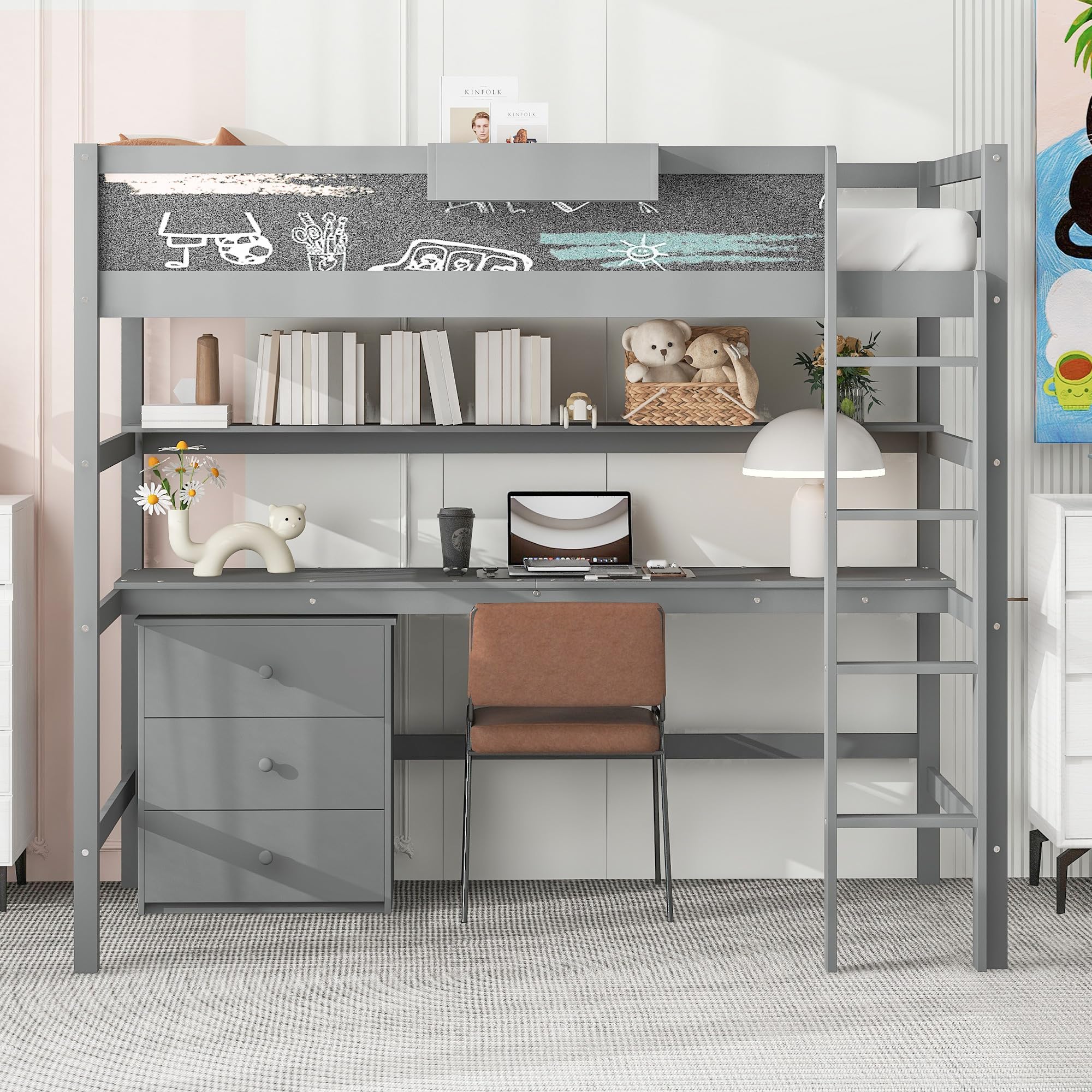 HABITRIO Twin Size Loft Bed with Desk & Storage - Wooden Loft Bed Frame with Drawers, Blackboard, Shelves & Storage Box - Space Saving Kids Bedroom Furniture for Small Rooms (Gray) - Perfect for Teens, Dorms & Studio Apartments