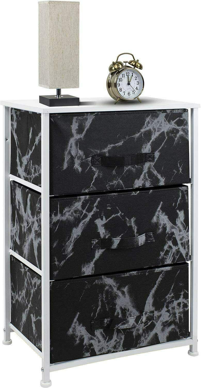 Signature Black Marble Nightstand with White Top - 3 Drawer Dresser Storage Organizer for Bedroom & Office - Modern Bedside Table with Ample Storage Space - Perfect for Small Apartments, Dorm Rooms and Guest Bedrooms