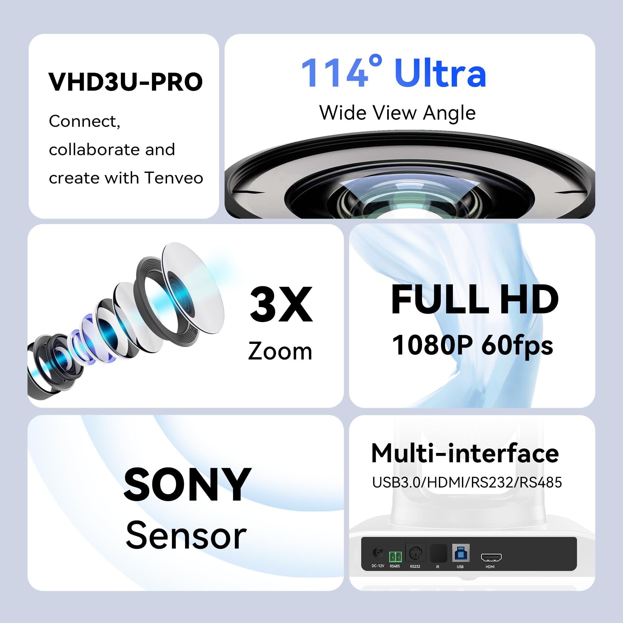 Tenveo 3X Optical Zoom PTZ Conference Camera with USB 3.0/HDMI, 1080P 60FPS, 114° Wide Angle - Ideal for Video Conferencing, Business Meetings, Live Streaming, Church Services & Online Education