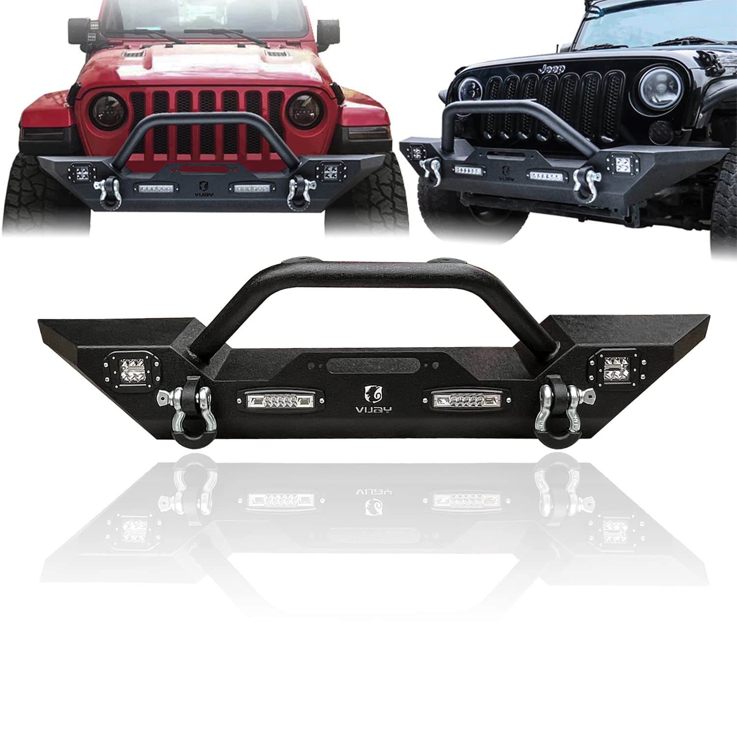 TlOYAR Black Textured Front Bumper with Winch Plate, 4 Aluminum Lights & D-Rings | Compatible with 2007-2025 Jeep Wrangler JK/JKU/JL/JLU & 2020-2025 Gladiator JT | Off-Road Adventure & Truck Protection
