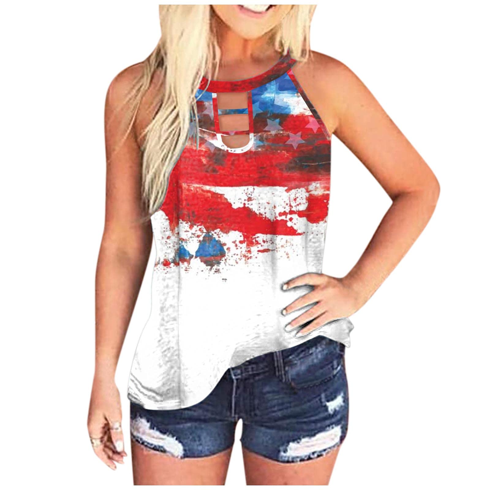 Women's O-Neck Printed Sleeveless Tunic Top - Breathable Workout Tee Shirt & Casual Blouse for Jeans | Gym, Yoga, Running & Everyday Wear