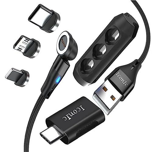 Magnetic Charging Cable 3-in-1 USB C/Micro USB/Lightning - 540° Rotatable Nylon Braided Fast Charger with OTG Adapter for iPhone, Samsung, Android Devices (3.3ft Black) - Perfect for Home, Office & Travel Charging
