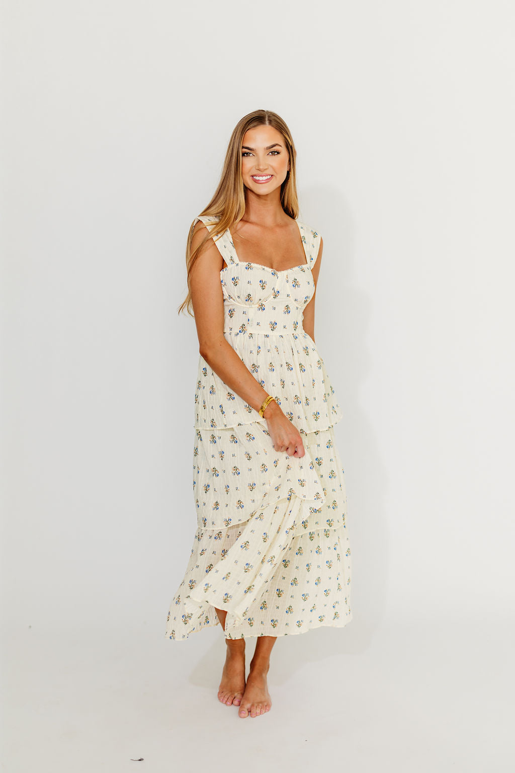 Floral Print Marjorie Bustier Ruffle Layered Maxi Dress - Cream & Blue Summer Beach Wedding Guest Dress for Women