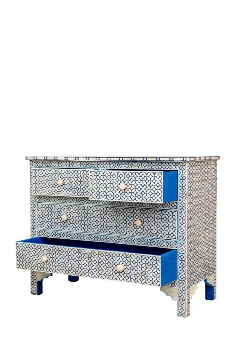Handmade Bone Inlay Dresser with 4 Drawers - Blue Vintage Storage Cabinet for Bedroom, Living Room & Entryway Organization