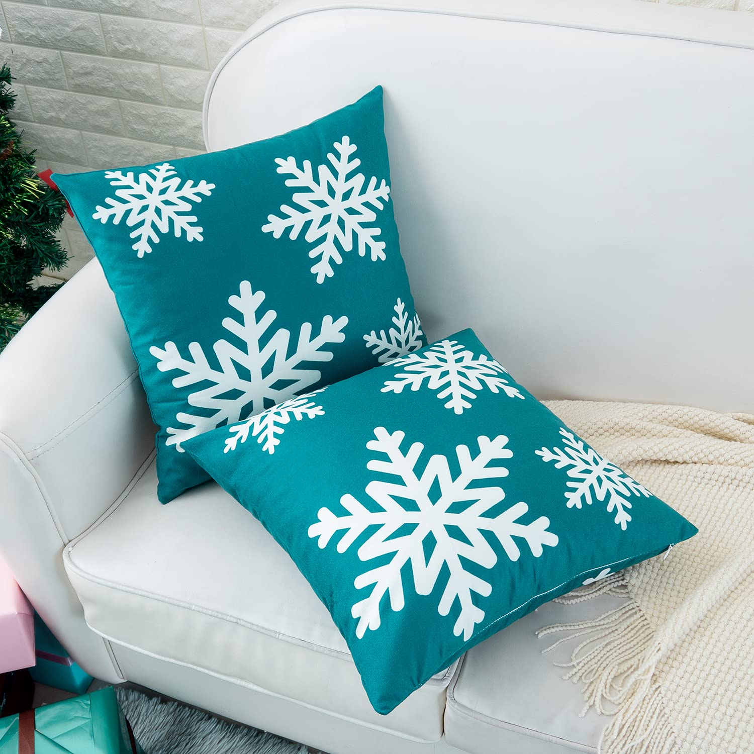 HWY 50 Teal Decorative Throw Pillow Covers 16x16 Inch - Soft Square Cushion Covers with Christmas Snowflakes Pattern (Pack of 2) for Sofa, Living Room, Bed - Perfect for Holiday Decor & Cozy Home Accents