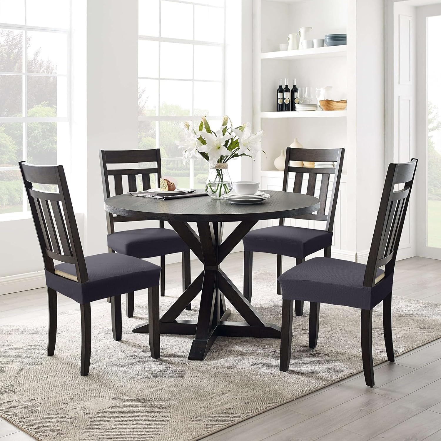 Smiry Stretch Jacquard Dining Room Chair Seat Covers Set of 4 - Washable & Removable Slipcovers, No Rear Covers, Dark Grey - Perfect for Home, Office, Restaurant & Cafe Use