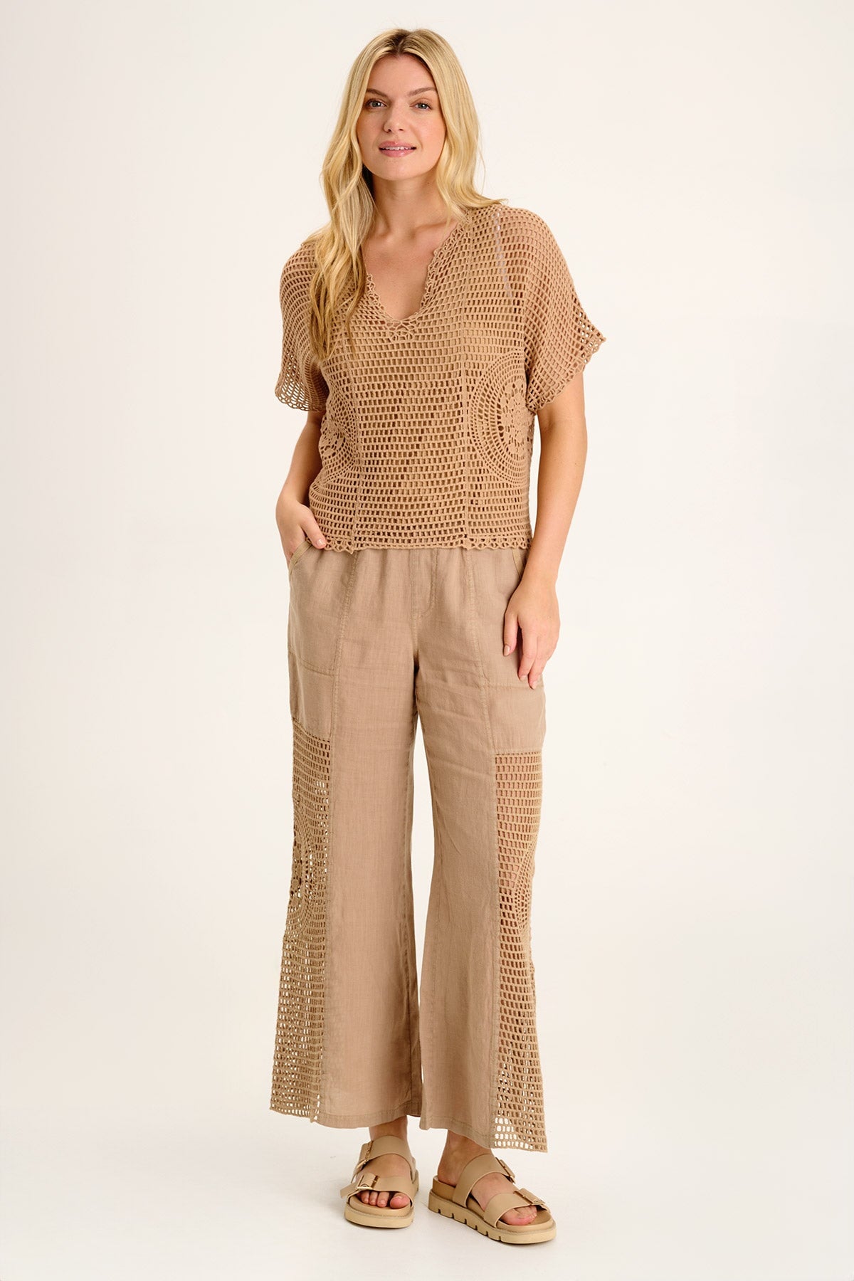 Trendy Tangent Linen Crochet Wide Leg Pants for Women - Boho Chic Summer Beachwear & Casual Lounge Pants