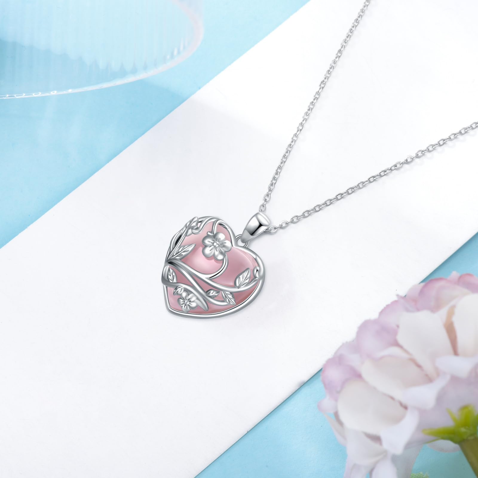 YFN Rose Quartz Necklace - Sterling Silver Heart Pendant with Natural Flower Crystal Stone, Elegant Jewelry Gift for Women, Teens & Girls | Perfect for Birthdays, Anniversaries & Everyday Wear