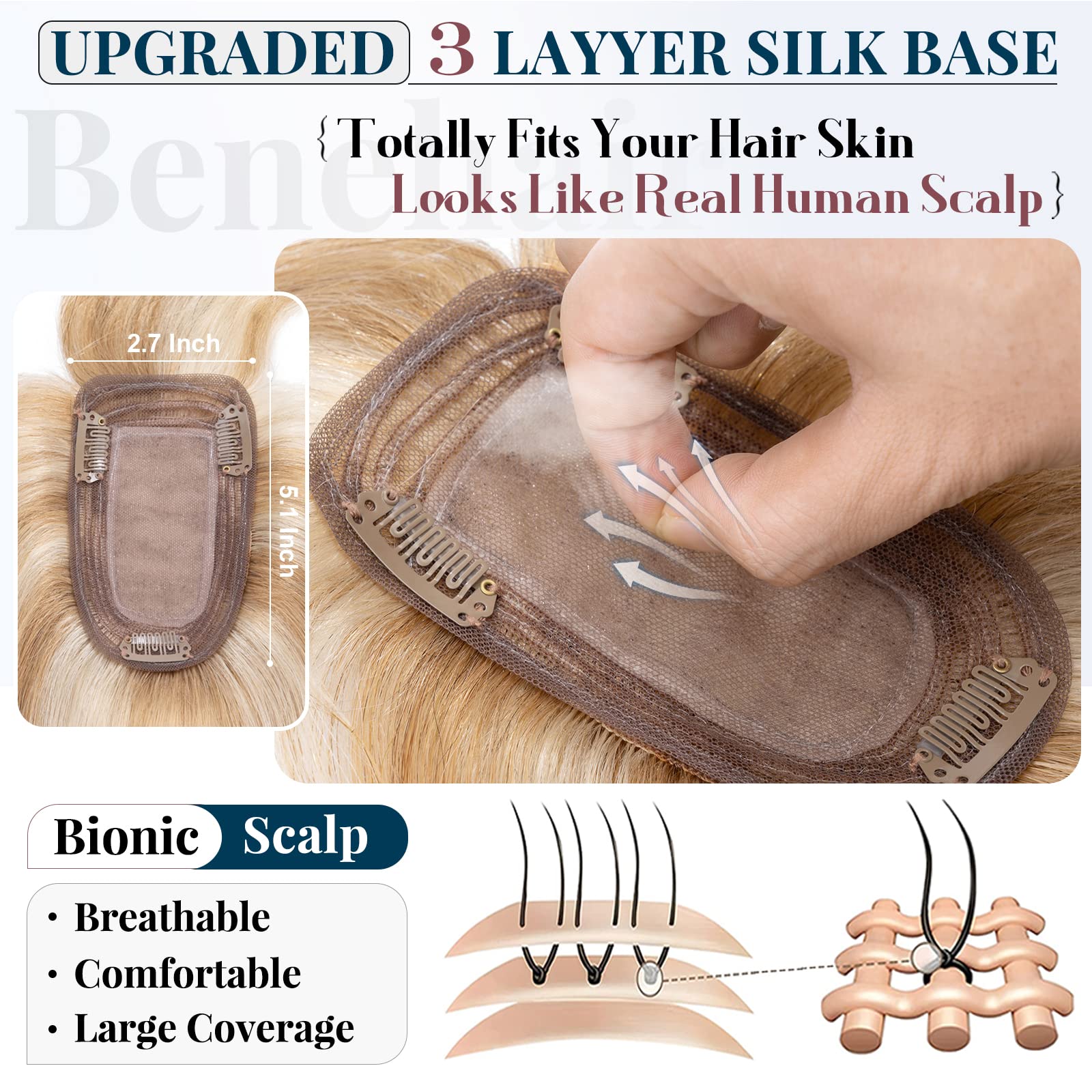 Benehair Human Hair Topper for Women - Handmade Silk Base Clip-In Hair Extension with Thin Bangs, Soft & Straight, 18 Inch 53g, #12P613 Golden Brown & Bleach Blonde - Perfect for Hair Loss, Thinning Hair, and Everyday Styling