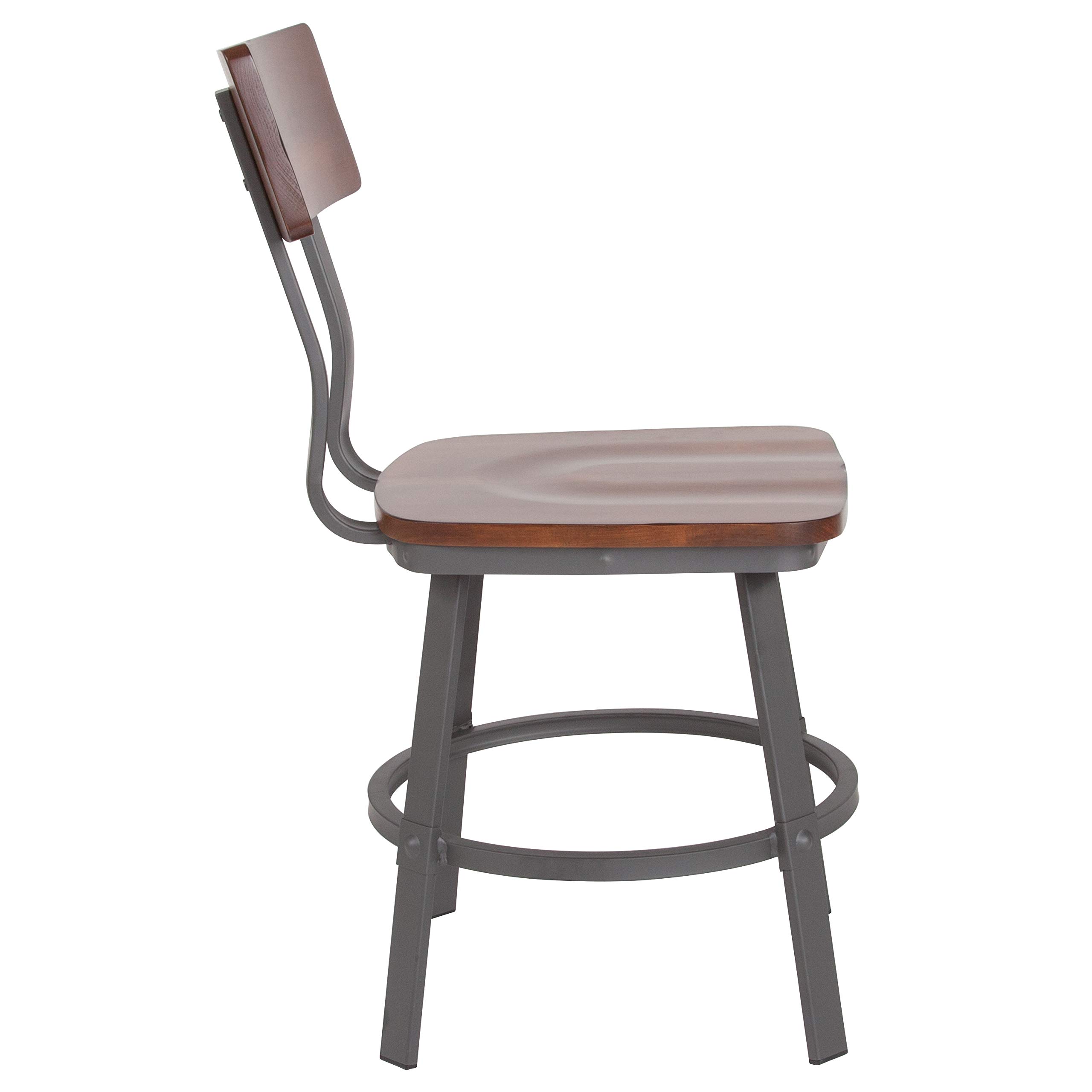 EMMA + OLIVER Rustic Walnut Dining Chair with Wood Back & Seat, Gray Metal Frame - Perfect for Farmhouse Kitchen, Dining Room & Restaurant Decor