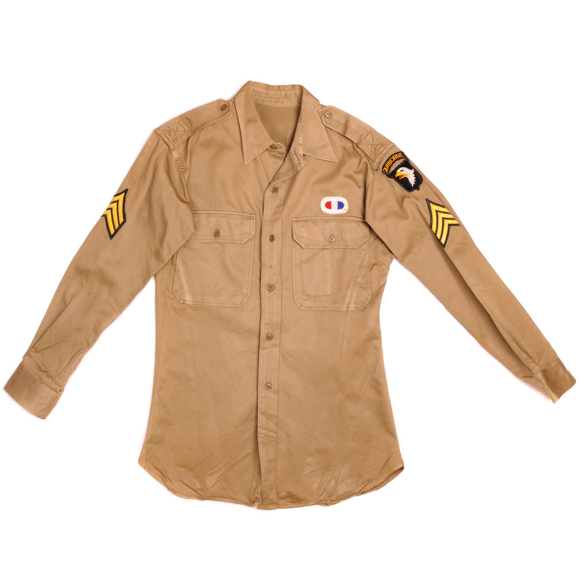 Vintage US Army Cotton Shirt - Size M-37 M37 Khaki WWII Era Military Uniform with Patches | Authentic Military Apparel for Collectors, Reenactments & Vintage Fashion