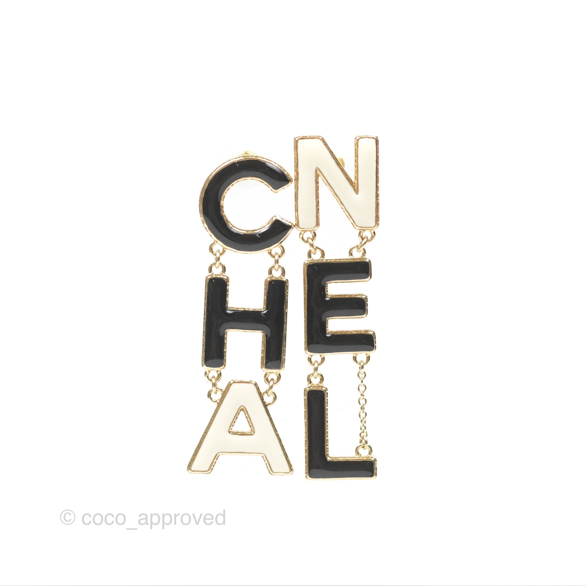 Chanel Logo Drop Earrings - Black & White Gold Tone 22A Collection | Elegant Dangle Earrings for Women, Perfect for Parties, Weddings & Special Occasions