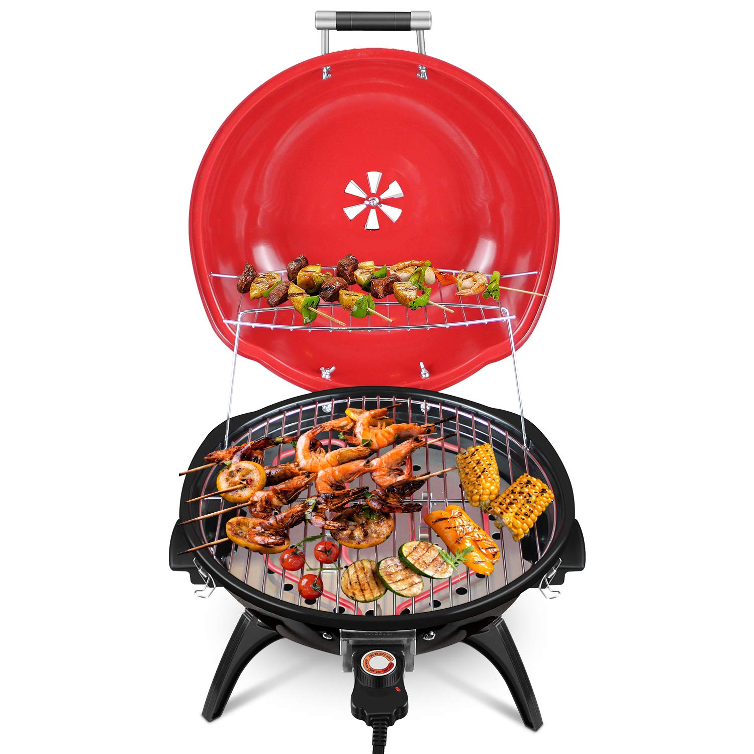 Techwood 1600W Electric Grill for Indoor & Outdoor Use - Portable Tabletop BBQ Grill with Removable Parts (Red) - Perfect for Backyard, Camping & Small Space Cooking