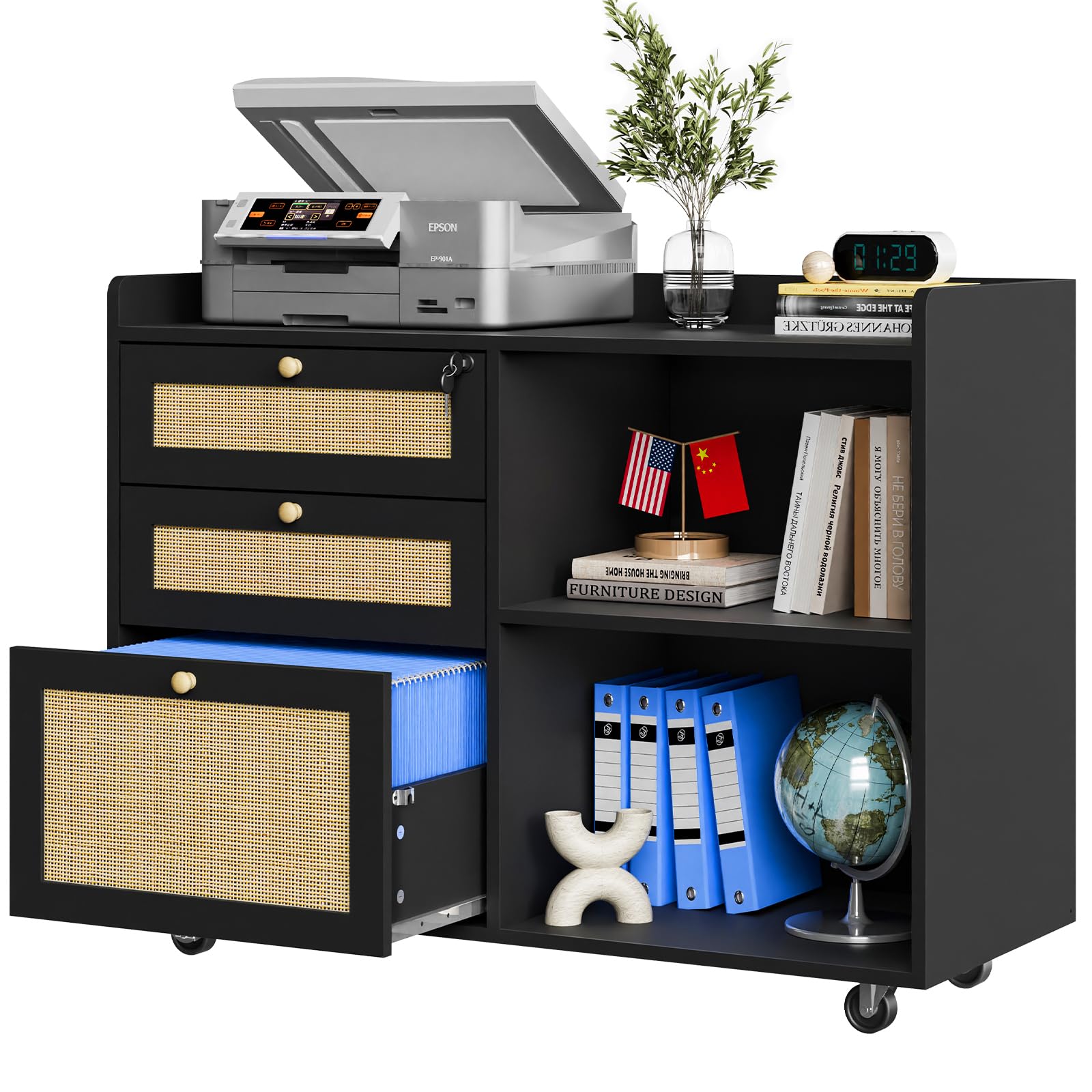 Rattan Lateral File Cabinet with 3 Drawers and Shelves - Large Storage Organizer for Home Office, Mobile Printer Stand with Lock - Fits Legal/Letter/A4 Size Documents - Perfect for Organizing Files, Office Supplies, and Workspace Essentials