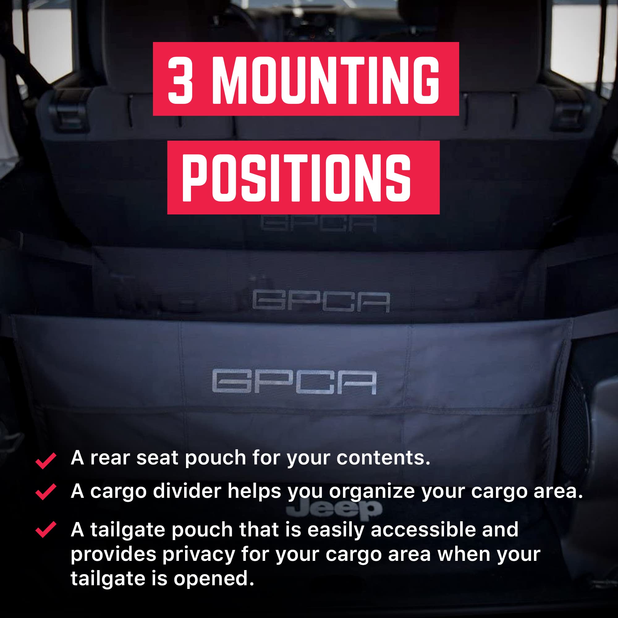 GPCA Car Trunk Organizer - Multifunctional Cargo Organizer for Jeep Wrangler JL, JK, 4xe (2DR & 4DR) | Easy Install Backseat Pocket & Tailgate Cover | Perfect for Road Trips, Camping & Outdoor Adventures