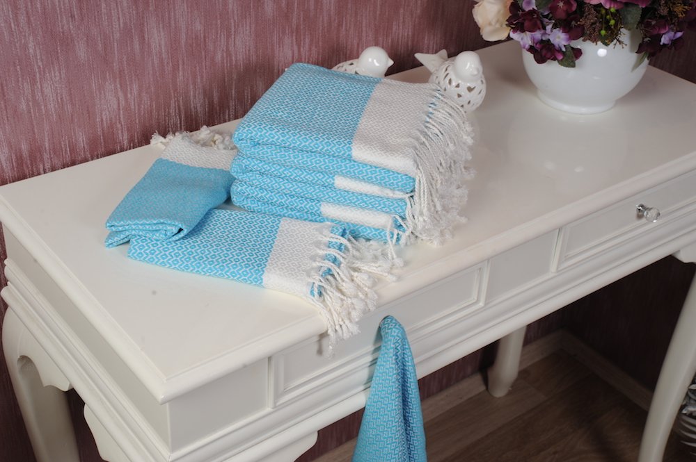Premium Turkish Cotton Peshtemals (Set of 6) - 3 Bath Towels & 3 Hand Face Dish Towels | Ultra Soft, Quick Dry, Highly Absorbent | Turquoise Color | Perfect for Spa, Beach, Yoga & Home Use