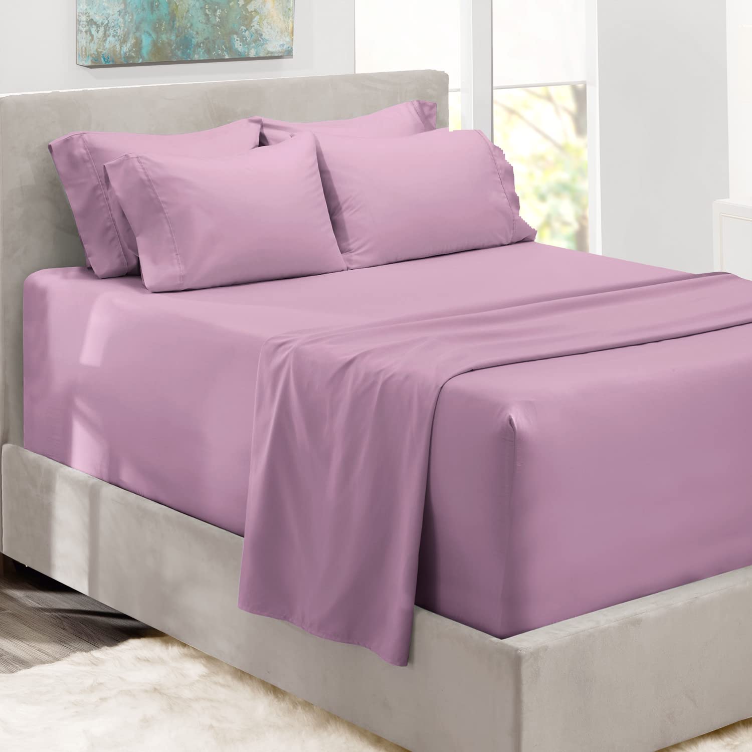Hearth & Harbor 6-Piece Full Size Deep Pocket Sheet Set - Fits Mattress 18-24 Inches - Soft Breathable Lavender Dream Sheets for Bedroom, Guest Room & Dorm Use