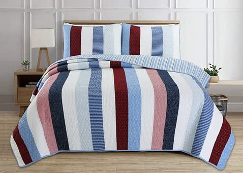 2-Piece Striped Quilt Set - 100% Cotton Twin Size Bedding for Bedroom & Guest Room - Soft & Breathable Comforter for All Seasons