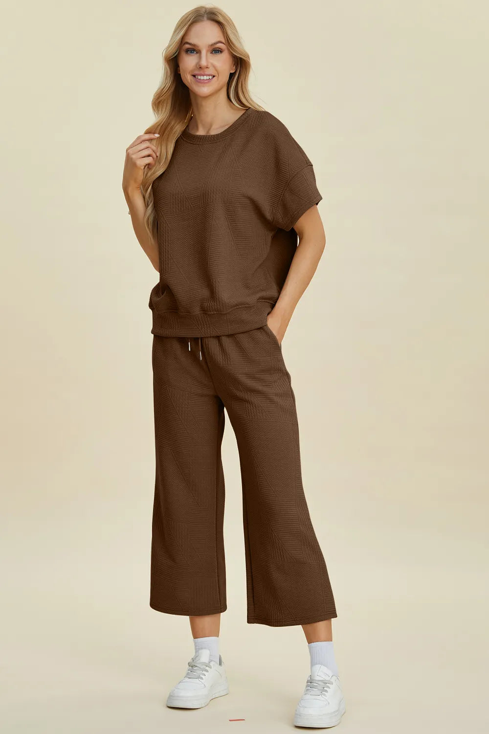 Women's Full Size Textured Round Neck Travel Top and Pants Set - Comfortable Lounge Wear for Airplane, Vacation & Casual Outings