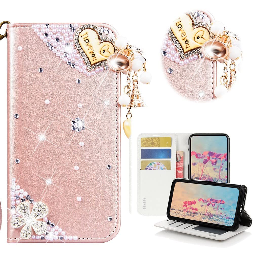 STENES Bling Wallet Case for Samsung S22 - 3D Heart Pendant Design - Pink | Perfect for Daily Use & Gifts