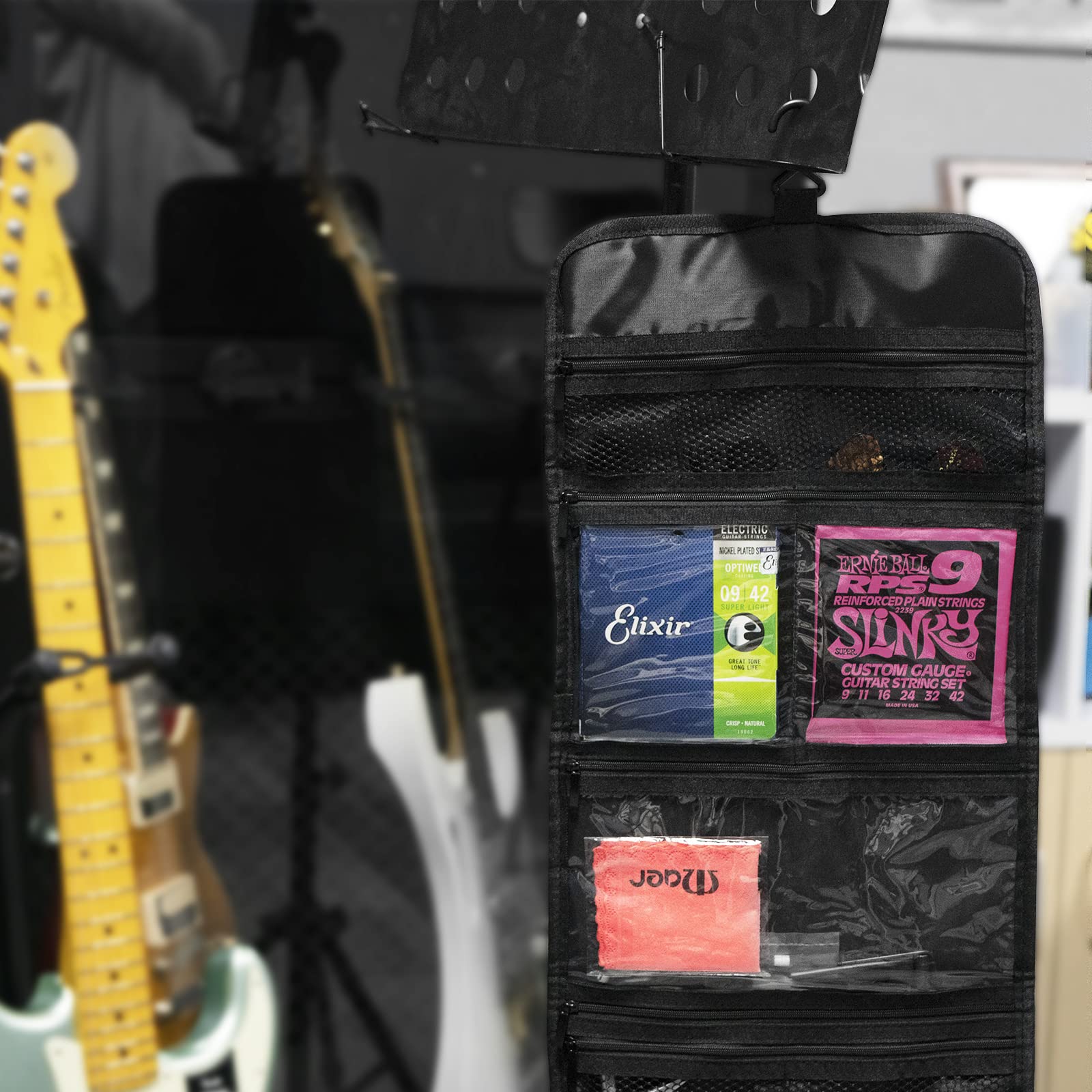 **Foldable Guitar Accessory Organizer Bag - Black Storage Case for Picks, Strap, Capo & Strings | Portable & Easy Access Pockets | Perfect for Travel, Practice & Gig Storage**