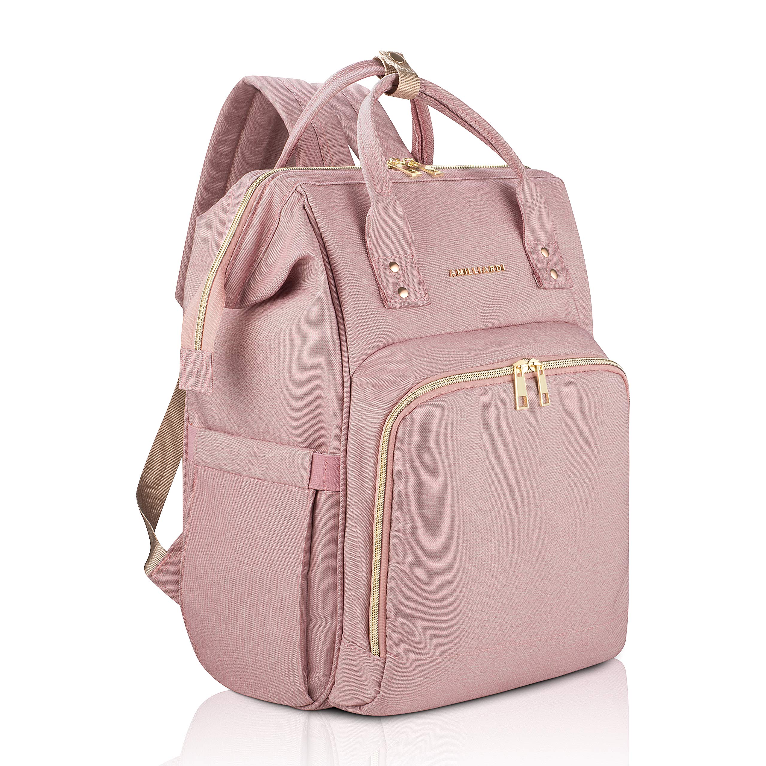 Diaper Bag Backpack with 6 Insulated Bottle Pockets & Detachable Stroller Straps - Light Pink Baby Carrier for Travel, Shopping & Outdoor Activities