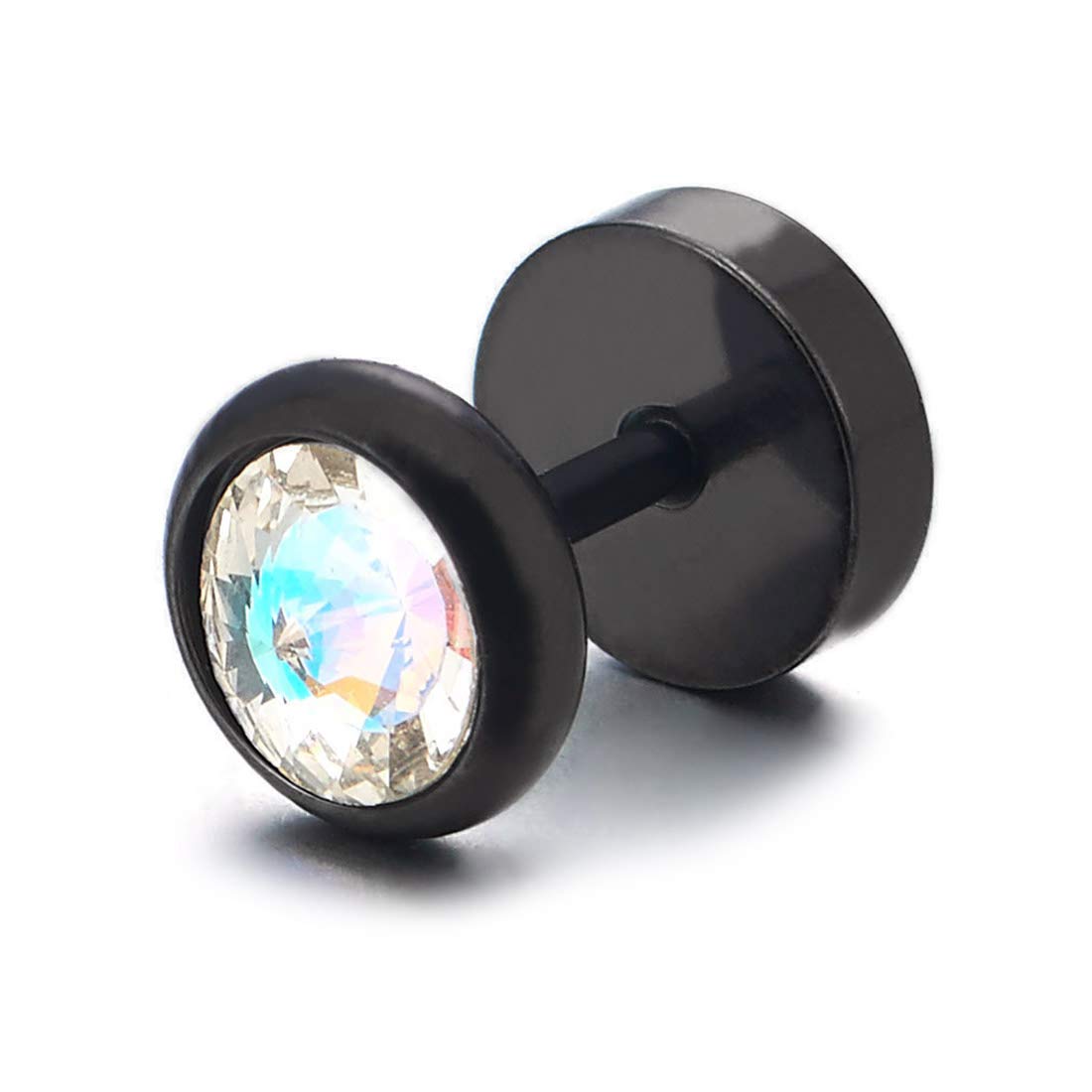 8MM Black CZ Spiked Stud Earrings for Men & Women - Stainless Steel Fake Ear Plugs & Gauges Tunnel - Perfect for Punk, Gothic & Alternative Fashion Styles