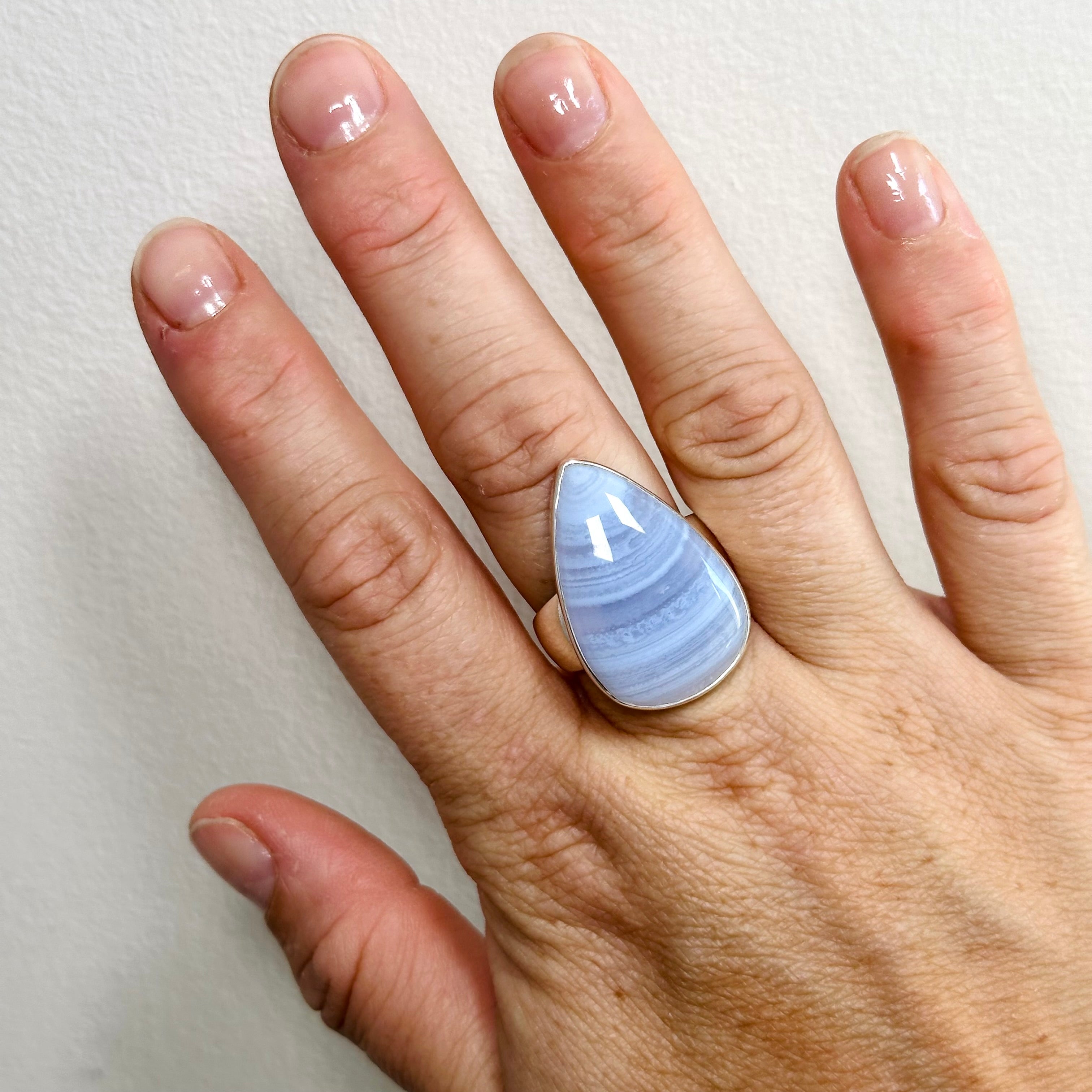 Blue Lace Agate Teardrop Cabochon Ring - Size 11 - KRGJ3380 - Elegant Handmade Jewelry for Women, Perfect for Weddings, Parties & Special Occasions